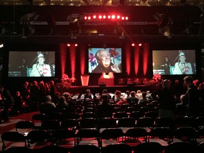 The stage is set in preparation for the Max Keeping memorial service at the Canadian Tire Centre on Tuesday October 13, 2015.