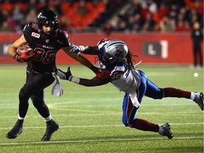 The Ottawa Redblacks' Brad Sinopoli is the league YAC (yards after catch) leader with 373. Here, Sinopoli makes the Montreal Alouettes' Jerald Brown miss in last week's game.