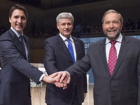 Liberal Leader Justin Trudeau, Conservative Leader Stephen Harper and NDP Leader Tom Mulcair.