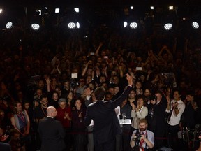 Liberal leader and incoming prime minister Justin Trudeau is seen on stage at Liberal party headquarters in Montreal on Monday, Oct. 19, 2015 after winning the 42nd Canadian general election.