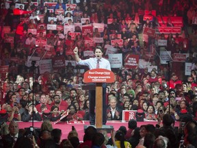 Liberal leader Justin Trudeau addresses supporters during a rally Sunday, October 4, 2015 in Brampton, Ont.
