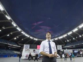 Liberal Leader Justin Trudeau in Montreal's Olympic stadium during a campaign event, Tuesday, October 6, 2015.