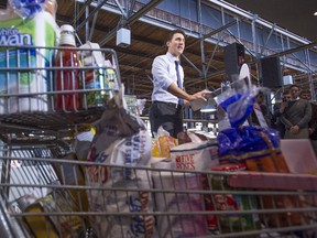 Liberal Leader Justin Trudeau delivers remarks during a campaign event at a grocery store Friday.