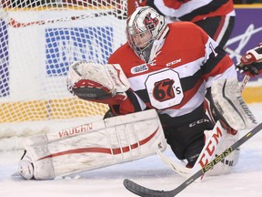 Liam Herbst, seen in a file photo, had a strong game in goal as the Ottawa 67's improved to 2-3 in the young Ontario Hockey League season.
