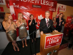 Liberal Andrew Leslie talks to supporters gathered at the Royal Canadian Legion in Orléans as it became clear that he had toppled incumbent Royal Galipeau.