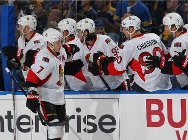 Kyle Turris #7 of the Ottawa Senators celebrates his first period goal against the Buffalo Sabres.
