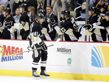 Daniel Sprong #41 of the Pittsburgh Penguins celebrates his first NHL goal.