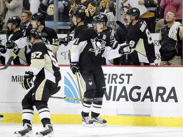 Evgeni Malkin #71 of the Pittsburgh Penguins celebrates his second period goal.