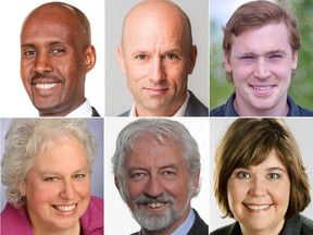 Ottawa West-Nepean candidates (clockwise from upper left) Abdul Abdi (Conservative), Mark Brooks (Green), Sam Heaton (Marxist-Leninist), Anita Vandenbeld (Liberal), Rod Taylor (Christian Heritage), and Marlene Rivier (New Democrat),