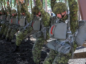 Paratroopers from the 3rd Battalion, Royal Canadian Regiment, attend T-11 parachute training at the Advanced Airborne School on Fort Bragg, N.C., Oct. 19, 2015. Last week, the 3RCR began to arrive on Fort Bragg to participate in the 82nd Airborne Division's Combined Joint Operational Access Exercise 16.1, beginning later this month. The 82nd Airborne Division is leading a multinational effort to develop an interoperability program with other nations' airborne forces, often their most elite and highly trained military units, to operate together quickly and effectively in future operations. (82nd Airborne Division photo by Staff Sgt. Jason Hull)