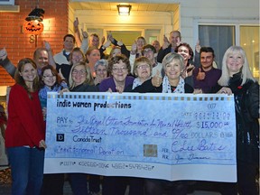 Indie women productions presents a cheque to Tracey Welsh of the Royal Foundation after the 2014 next to normal shows. Front row, from left, are Skye MacDiarmid, Tiara Wallace, Tracey Welsh, Monique Ecroyd, Lin Dickson, Joan Frommer, C.Lee Bates and Laurel Tye. In the second row, are Terry Duncan, Cindy Scevoir, Carrie Milks, Justice Tremblay, Patrick Teed, Aidan Shenkman and Drake Evans. In Row 3, are Paul Legault, Archie Ritchie, Andre Frommer, Gil Winstanley, Mark Rosenthal and Mark Tye.