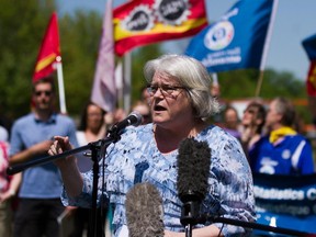 PSAC president Robyn Benson speaks at a rally against constraints placed on the scientific community by the Canadian government on May 19, 2015.