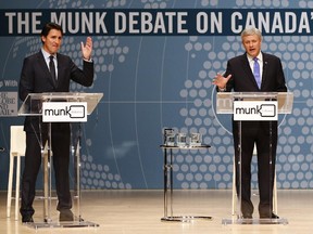 Conservative Leader Stephen Harper, right, and Liberal Leader Justin Trudeau, left, now appear to be the clear front-runners in the race.