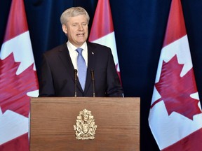 Stephen Harper speaks about the Trans-Pacific Partnership trade deal at a press conference in Ottawa on Monday, October 5, 2015.