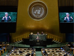 Prime Minister Stephen Harper addresses the 69th session of the United Nations General Assembly at the United Nations headquarters in New York in 2014.