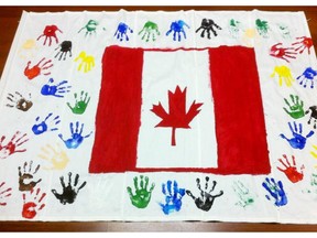 supplied- Multicultural Canadian Flag by Edmonton Students Wins National Contest   EDMONTON, AB, June 10, 2013 ‚Äì Artwork by students from Edmonton‚Äôs Learning Through Play Daycare has won the Passages to Canada Write and Make Art! Challenge, a new national competition from The Historica-Dominion Institute that asks students to explore themes of immigration and diversity in Canada. The piece celebrates the multiculturalism of the individual students with colourful handprints, while recognizing their shared Canadian identity.  The students, who range in age from 6 to 12 years old, write in their artist‚Äôs statement, ‚ÄúOur artwork displays the importance of every person living in Canada who have come from different parts of the world‚Ä¶We all came together sharing the same national pride.‚Äù  The students have won $250 of art supplies for their daycare. They are the only winners from the Edmonton area among the six national winners.