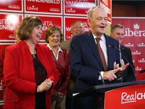 Former prime minister Jean Chrétien attends a political rally in support of federal Liberal candidate Anita Vandenbeld, left, on Wednesday.