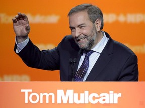 NDP Leader Tom Mulcair speaks to supporters, Monday, Oct. 19, 2015 in Montreal.