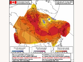 Early Winter Forecast from Environment Canada. The redder areas are more likely to have above-average temperatures.