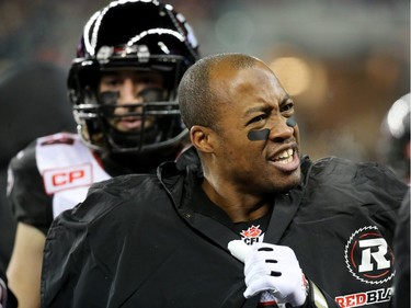 Henry Burris #1 of the Ottawa Redblacks on the sidelines during the first half of Grey Cup 103 against the Edmonton Eskimos  at Investors Group Field on November 29, 2015 in Winnipeg, Manitoba, Canada.
