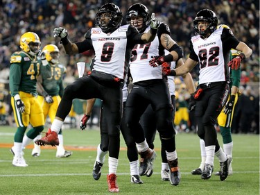 Ernest Jackson #9 of the Ottawa Redblacks celebrates after scoring a touchdown against the Edmonton Eskimos during first half Grey Cup 103 action at Investors Group Field on November 29, 2015 in Winnipeg, Manitoba, Canada.
