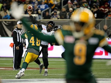 Henry Burris #1 of the Ottawa Redblacks fires a pass during the first half of Grey Cup 103 against the Edmonton Eskimos at Investors Group Field on November 29, 2015 in Winnipeg, Manitoba, Canada.