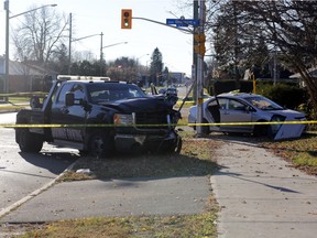 A 55-year-old man is dead after a two vehicle crash involving a tow truck and a car on Meadowlands Dr. at Viewmount in Nepean (Ottawa), Sunday, November 8, 2015. Paramedics worked to free the man from the crash, but declared him dead at the scene. Mike Carroccetto / Ottawa Citizen