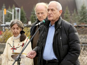 Algonquin Elder Evelyn Commanda, Anishnabe architect Douglas Cardinal and writer John Ralston Saul came to Victoria Island on Monday to join a small protest against the development around Chaudiere Falls and the 'sacred islands' .