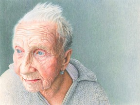 To Make a Long Story Short, (coloured pencil on paper 13 X 19 1/2"
2015) by Allison Fagan at Figureworks in Ottawa.