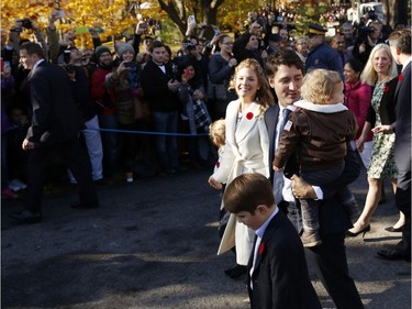 Incoming Canadian Prime Minister Justin Trudeau and his wife Sophie Gregoire and their children daughter Ella Grace and sons Hadrien and Xavier, arrive with his cabinet before his swearing-in ceremony at Rideau Hall in Ottawa on November 4, 2015.