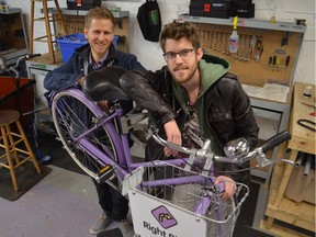 Samuel Benoit, left, of Right Bike and student Alex LeBrun. LeBrun is enrolled in a 12-week bicycle mechanic's course offered at Right Bike through the Causeway work centre. The program offers free training to people who have encountered barriers to full-time work.