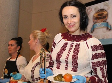 Chef Nata Albot from the embassy of Moldova prepared stuffed vegetables with smoked spare ribs at the Embassy Chef Challenge held Thursday, November 5, 2015, at the John G. Diefenbaker Building on Sussex Drive.