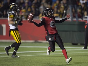 Ottawa Redblacks' wide receiver Chris Williams, right, celebrates as he scores a touchdown during second half CFL action against the Hamilton Tiger-Cats, in Ottawa, on Saturday, Nov. 7, 2015.