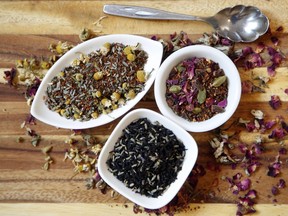 Clockwise from left, Chamomile lavender, Moroccan Rose and Lavender cream, three teas from Krista Leben's small-batch tea company, Leaf & Petal.