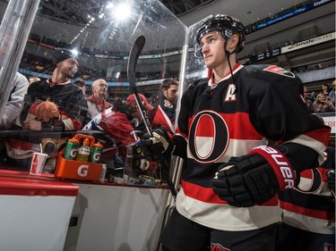 Kyle Turris #7 of the Ottawa Senators makes his way to the ice for the warmup.