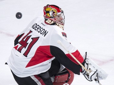 Ottawa Senators goalie Craig Anderson loses sight of the puck as they face the Montreal Canadiens during first period NHL action.