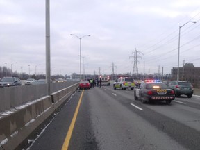 Paramedics treated a 51-year-old man struck while on foot on the eastbound Queensway.