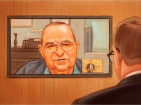 Crown prosecutor Mark Holmes (right) looks on as Gerald Donahue testifies via video in an artist's sketch at the Mike Duffy trial in Ottawa Monday.