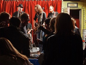 Fiftymen on stage at Kaffé 1870 in Wakefield, from left, Jeff Hardill, Todd Gibbon, Michael Houson Hanlan. (Photo courtesy David Irvine.)