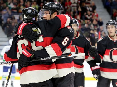 Erik Karlsson, left, congratulates Bobby Ryan on the Sens first goal of the night, to tie it up 1-1 in the first.