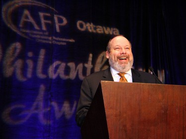 Ferguslea Properties president Dan Greenberg, a previous recipient of a philanthropy award, introduced guest speaker Jonathan Pitre at the 21st Annual AFP Ottawa Philanthropy Awards held at the Shaw Centre on Thursday, November 19, 2015.