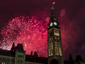 Fireworks explode behind the Peace Tower on Parliament Hill during Canada Day celebrations on Wednesday, July 1, 2015.