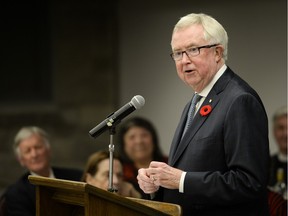 Former Prime Minister Joe Clark speaks at Christ Church Cathedral during the dinner lecture, ' Beyond Reconciliation' on the topic of new partnership with indigenous peoples of Canada on Wednesday.
