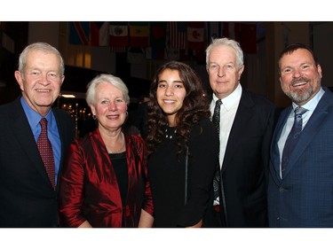 From left, Brian Scott, president of Smith Petrie Carr & Scott, with Cheryl Casey, Katie Scott (visiting from Mount Allison University), Doug Casey and Robert Merkley, president of Merkley Supply, at An Unlikely Pairing: Adventures in Food Trucks and Fine Wines, held in support of Christie Lake Kids on Thursday, November 12, 2015, at Ashbury College in Rockcliffe Park.