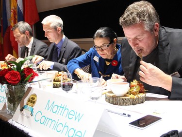 From left, chef Kent Van Dyk, chef Cory Haskins, award-winning cookbook author Margaret Dickenson and chef Matthew Carmichael judged the Embassy Chef Challenge held Thursday, November 5, 2015, at the John G. Diefenbaker Building on Sussex Drive, as part of a fundraiser for better IBD care at CHEO.