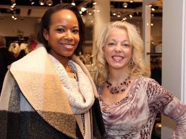From left, Nicole Burris, wife of Redblacks quarterblack Henry Burris, seen at Shepherd's on Monday, November 23, 2015, with her good friend, Peggy Taillon, president of the Bruyère Foundation, shortly before she strutted her stuff on stage in support of Bruyère.