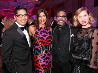 From left, Sanjay Shah, president of ExecHealth, with his wife, Dr. Bella Mehta, Ottawa couturier Frank Sukhoo and Anica Iordache on Saturday, November 21, 2015, at The Ottawa Hospital Gala, held at The Westin hotel. (Caroline Phillips / Ottawa Citizen)