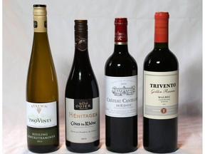 Strewn Two Vines Riesling, Oges Heritages Cotes du Rhone, Chateau Cantelou Medoc, and Trivento Golden Reserve Malbec