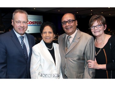 From left, Tim Kluke, president and CEO of The Ottawa Hospital Foundation, with Outstanding Individual Philanthropist recipients Uttra and Subhas (Sam) Bhargava, and Sharon Martin, the foundation's senior director of philanthropy, at the 21st Annual AFP Ottawa Philanthropy Awards held at the Shaw Centre on Thursday, November 19, 2015. (Caroline Phillips / Ottawa Citizen)