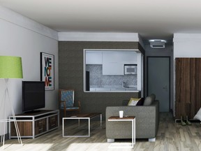 The average room at 1Eleven is decked out with a bed, couch, mini-fridge, microwave, sink and flat-screen TV.